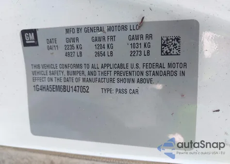 2011 Buick Lucerne Cx из США, поврежденный, VIN 1G4HA5EM6BU147052